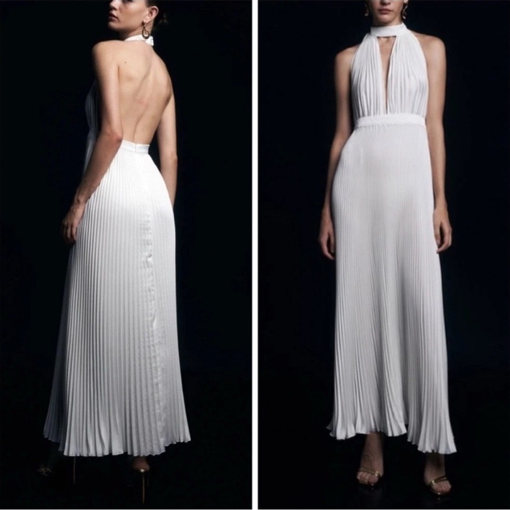 L'IDEE‎ Chateau Gown Halter Front Cutout Plated Midi Dress Ivory White Size 12